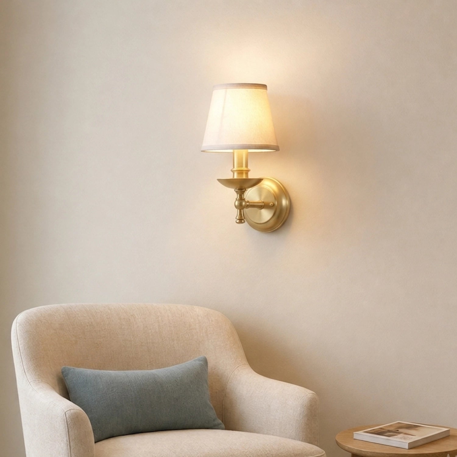 Classic Solid Brass Wall Sconce with White Fabric Shade