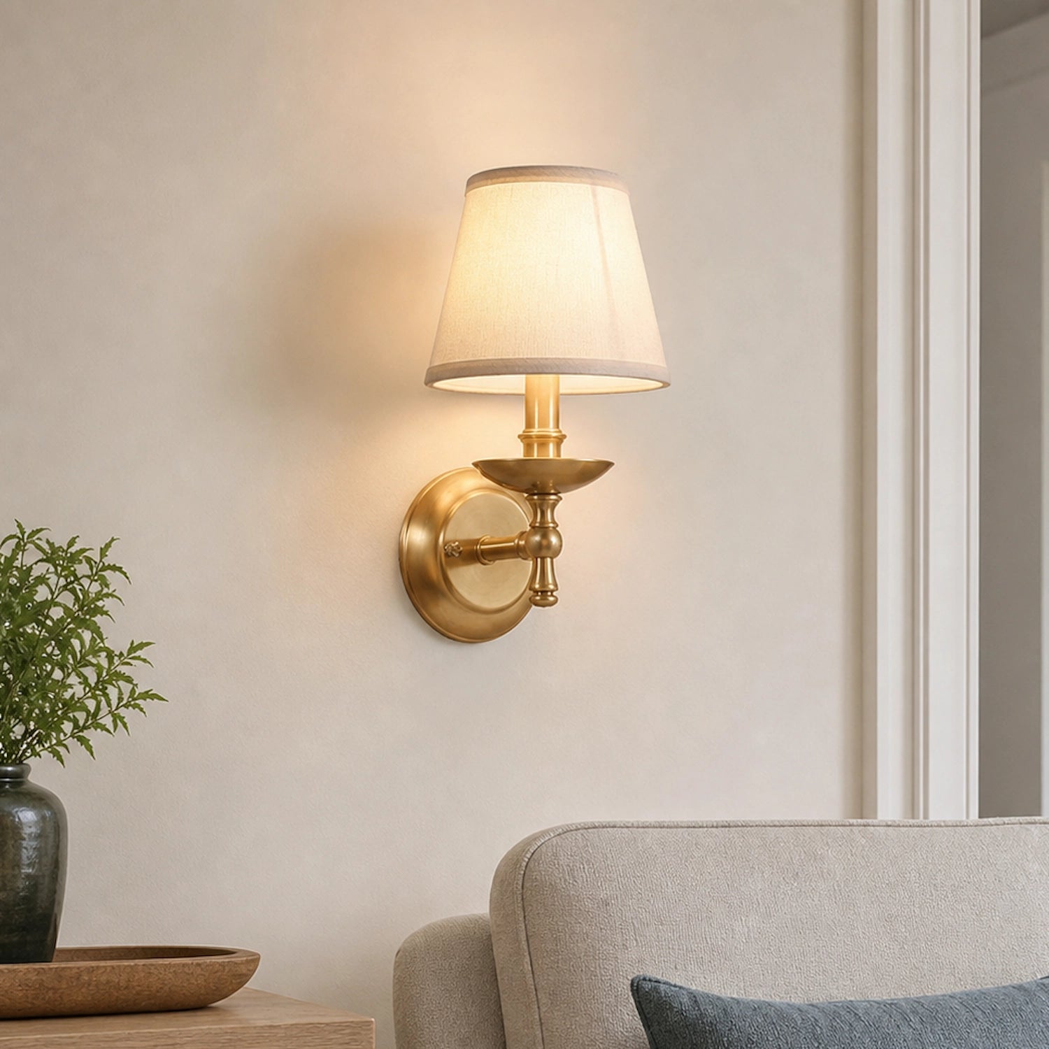 Classic Solid Brass Wall Sconce with White Fabric Shade