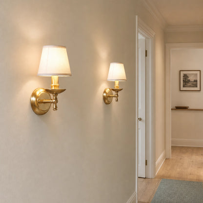 Classic Solid Brass Wall Sconce with White Fabric Shade