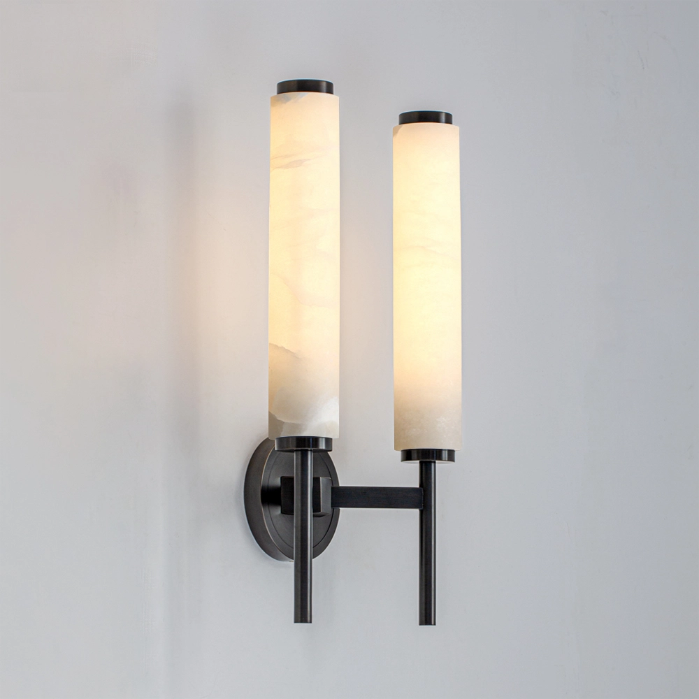 Cylindrical Marble Wall Mount Light Brass Vintage Sconce