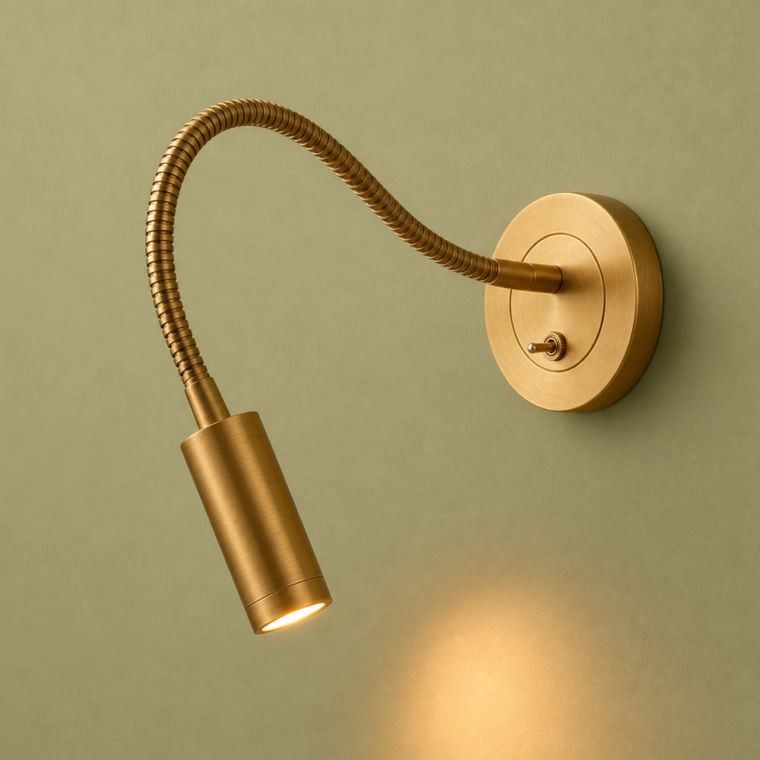 Gold wall-mounted lamp with flexible neck on a green wall