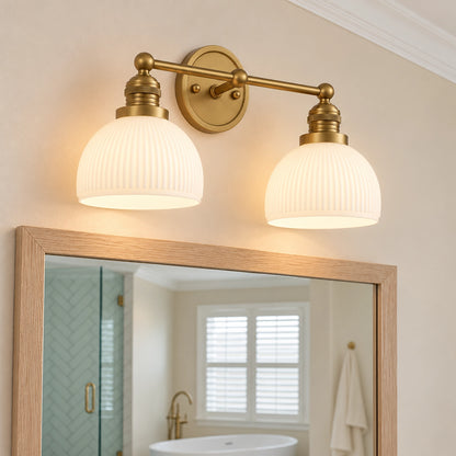 MCM Antique Brass Vanity Light Ribbed Glass Bathroom Sconce