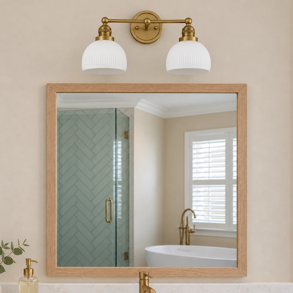 MCM Antique Brass Vanity Light Ribbed Glass Bathroom Sconce