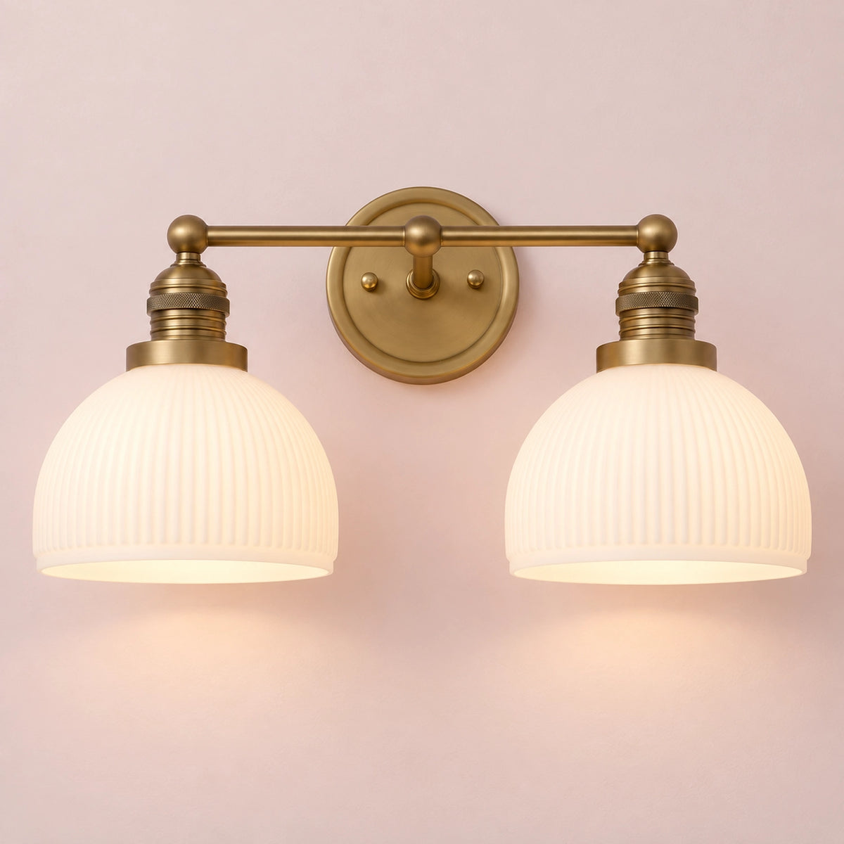 MCM Antique Brass Vanity Light Ribbed Glass Bathroom Sconce