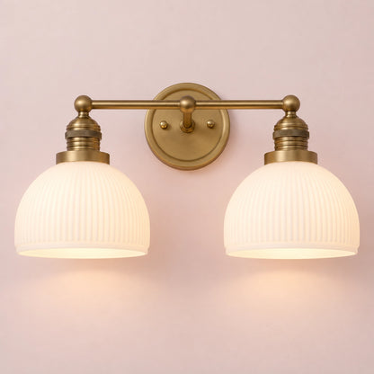 MCM Antique Brass Vanity Light Ribbed Glass Bathroom Sconce