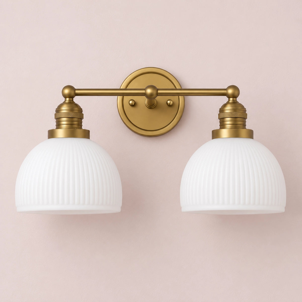 MCM Antique Brass Vanity Light Ribbed Glass Bathroom Sconce