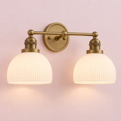 MCM Antique Brass Vanity Light Ribbed Glass Bathroom Sconce
