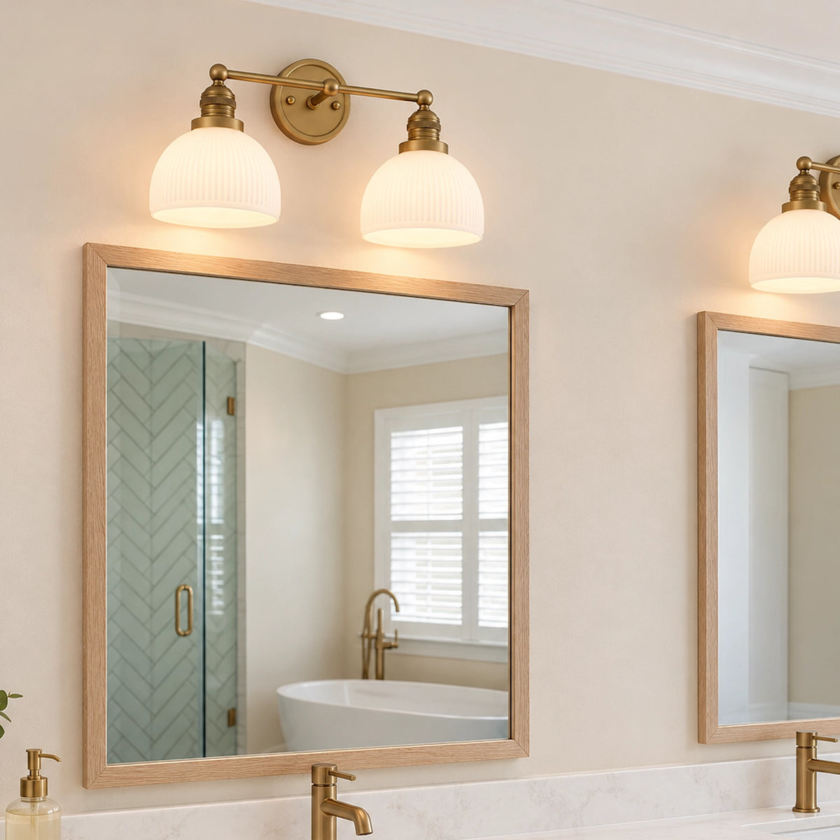 MCM Antique Brass Vanity Light Ribbed Glass Bathroom Sconce