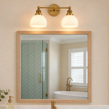 MCM Antique Brass Vanity Light Ribbed Glass Bathroom Sconce