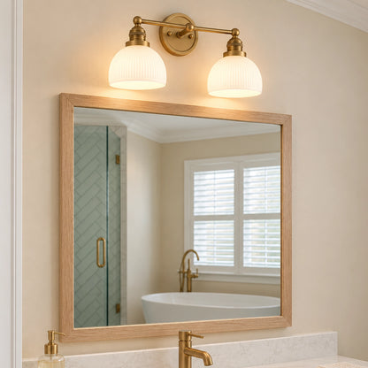 MCM Antique Brass Vanity Light Ribbed Glass Bathroom Sconce