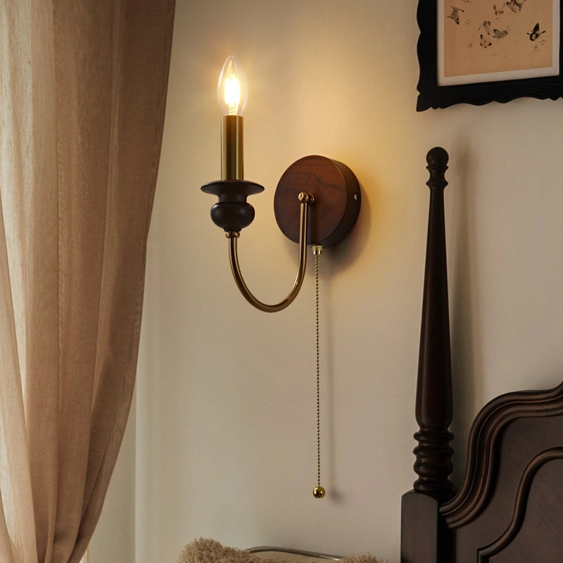 Brass Wall Mount Light Wood Candle Sconce with Pull Switch