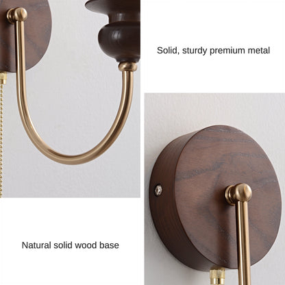 Brass Wall Mount Light Wood Candle Sconce with Pull Switch