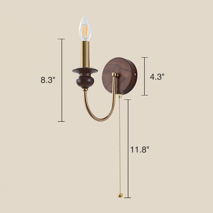 Brass Wall Mount Light Wood Candle Sconce with Pull Switch