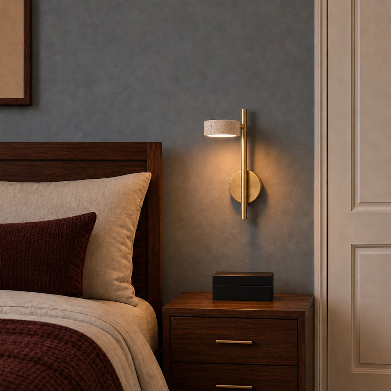Adjustable Travertine Gold Wall Light with Swivel Arm for Bedroom