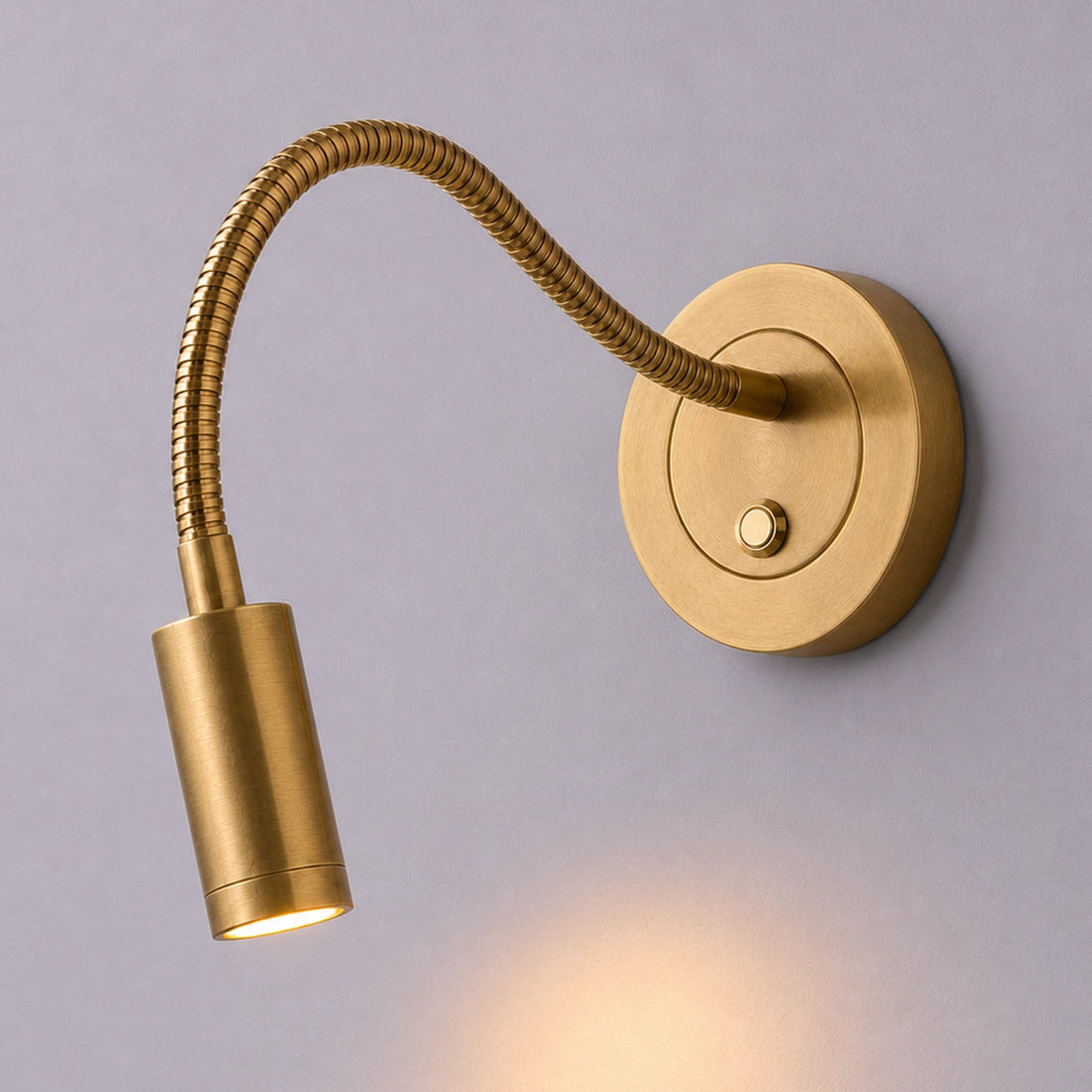 Gold wall-mounted lamp with flexible neck on a light gray background