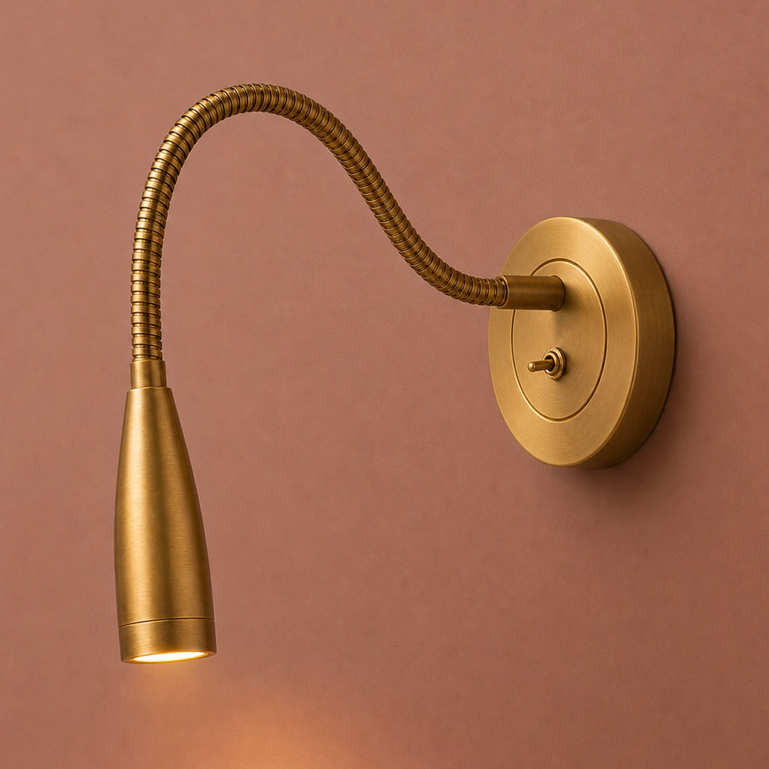 Gold wall-mounted lamp with flexible neck on a brown background