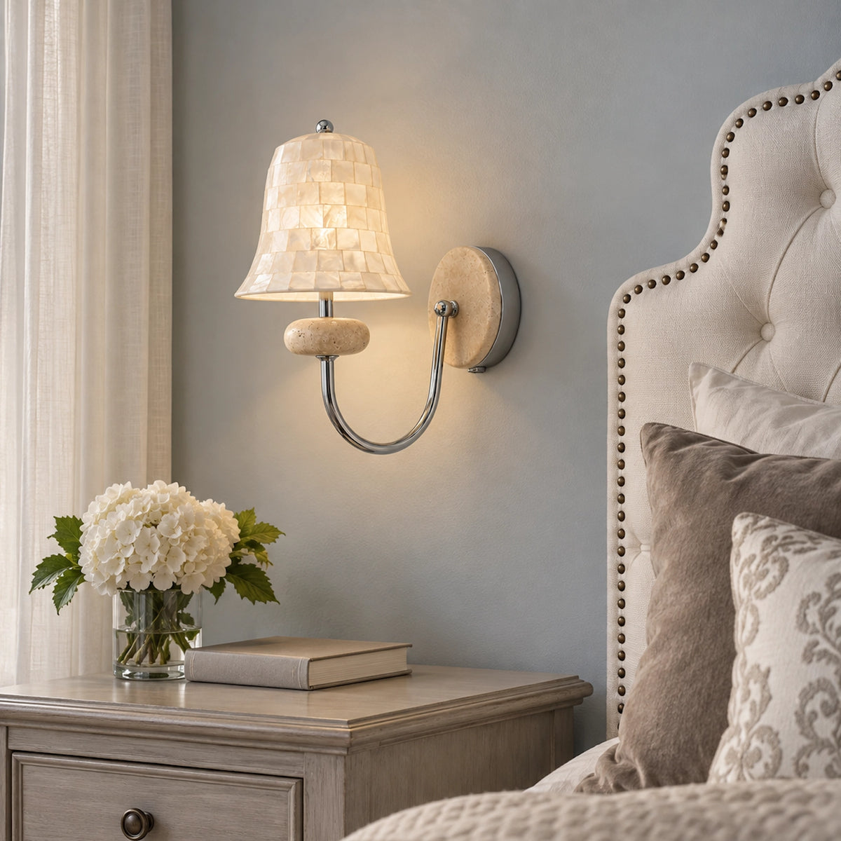 Natural Shell Mosaic Wall Sconce with Travertine Base