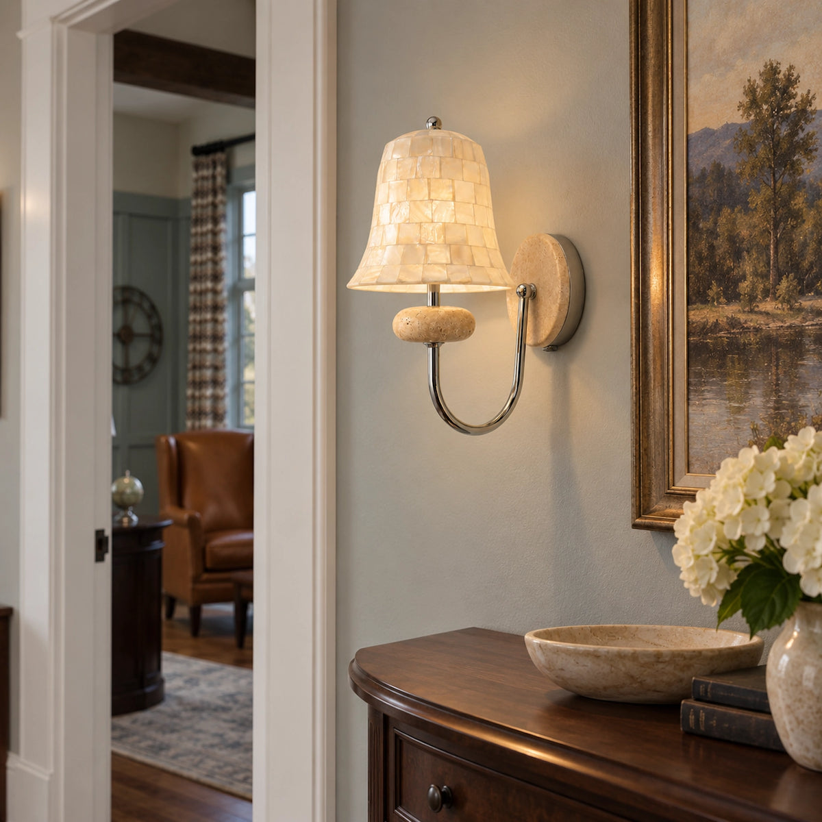 Natural Shell Mosaic Wall Sconce with Travertine Base