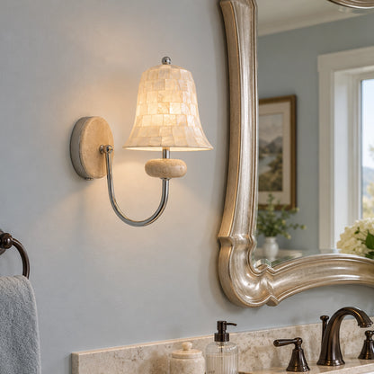Natural Shell Mosaic Wall Sconce with Travertine Base