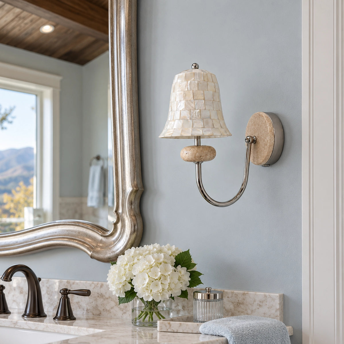 Natural Shell Mosaic Wall Sconce with Travertine Base