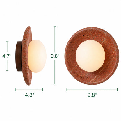 Red Travertine Round Wall Light with Globe Glass Shade