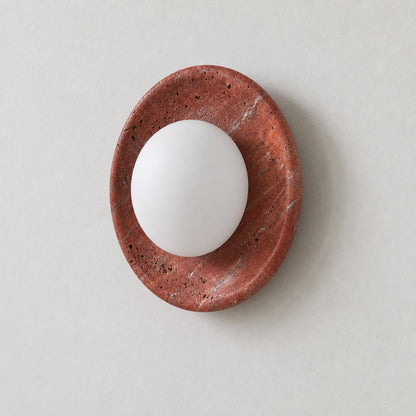 Red Travertine Round Wall Light with Globe Glass Shade