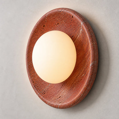 Red Travertine Round Wall Light with Globe Glass Shade