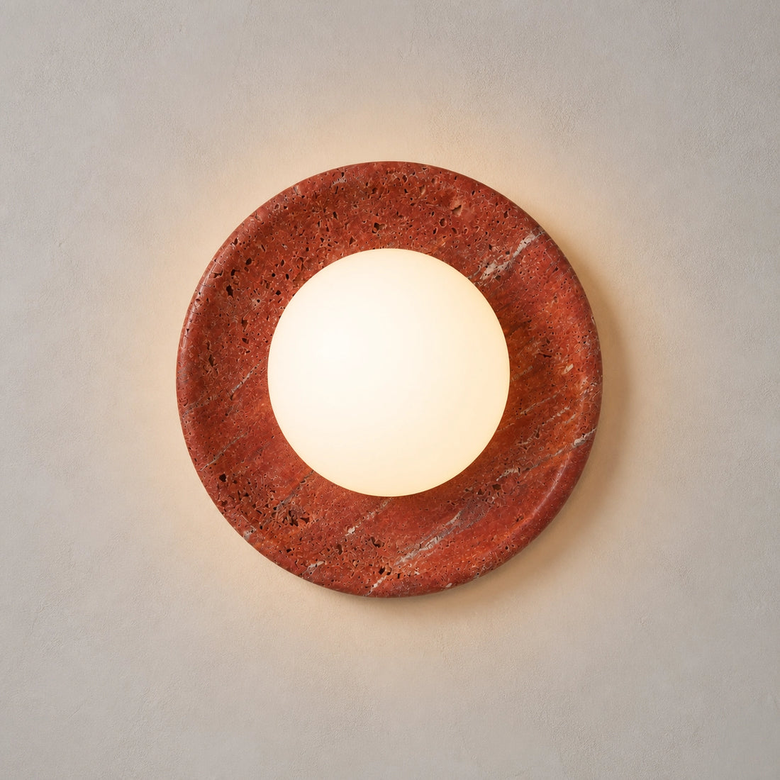 Red Travertine Round Wall Light with Globe Glass Shade