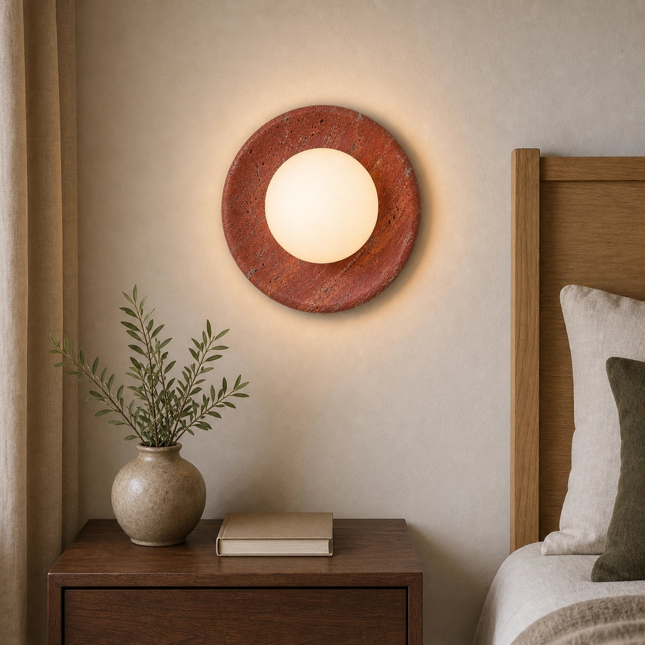 Red Travertine Round Wall Light with Globe Glass Shade