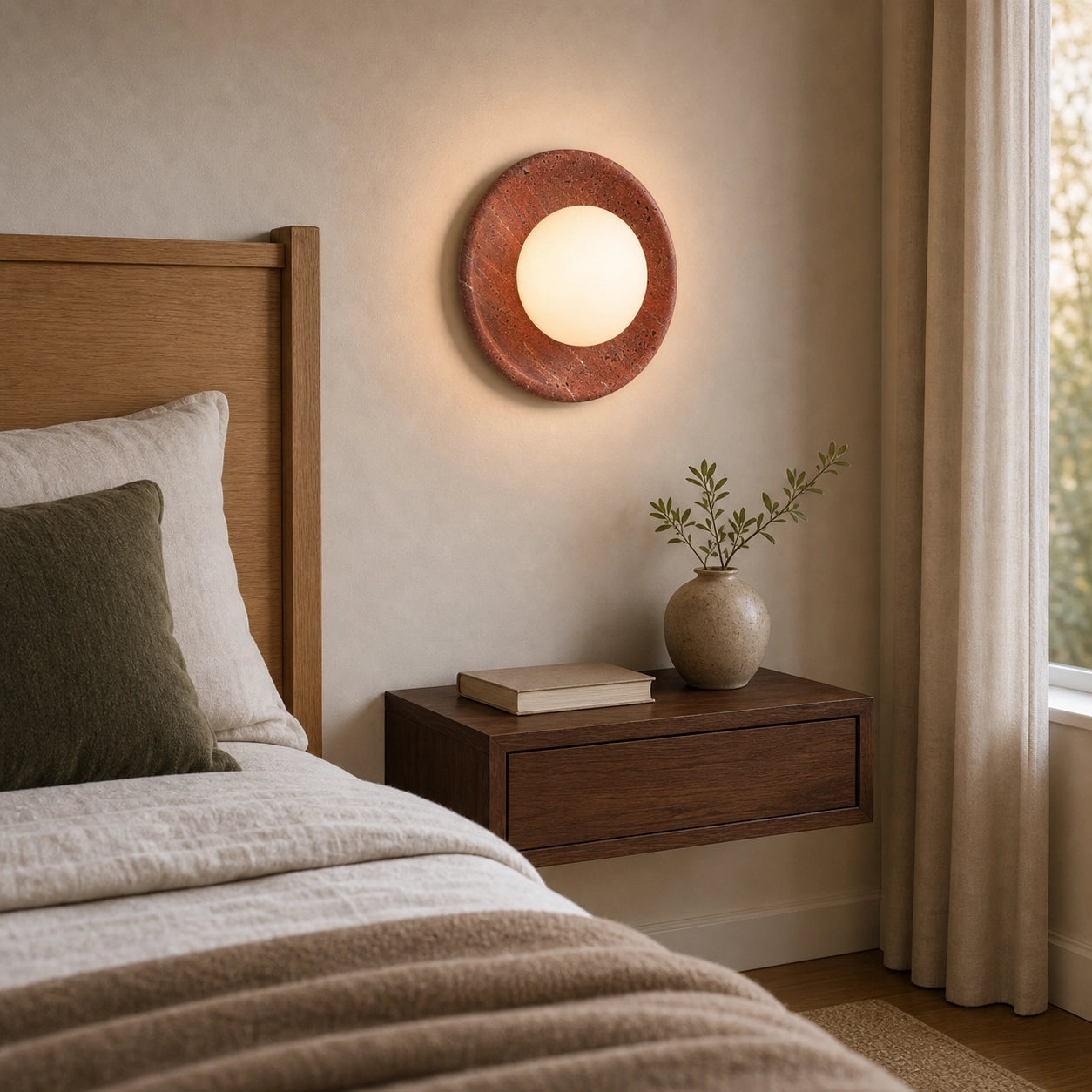 Red Travertine Round Wall Light with Globe Glass Shade
