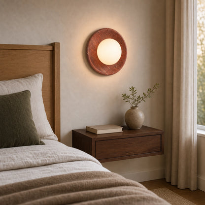 Red Travertine Round Wall Light with Globe Glass Shade