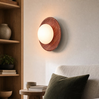 Red Travertine Round Wall Light with Globe Glass Shade