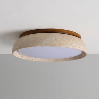 Round Travertine Flush-Mount Ceiling Light with Solid Wood Base