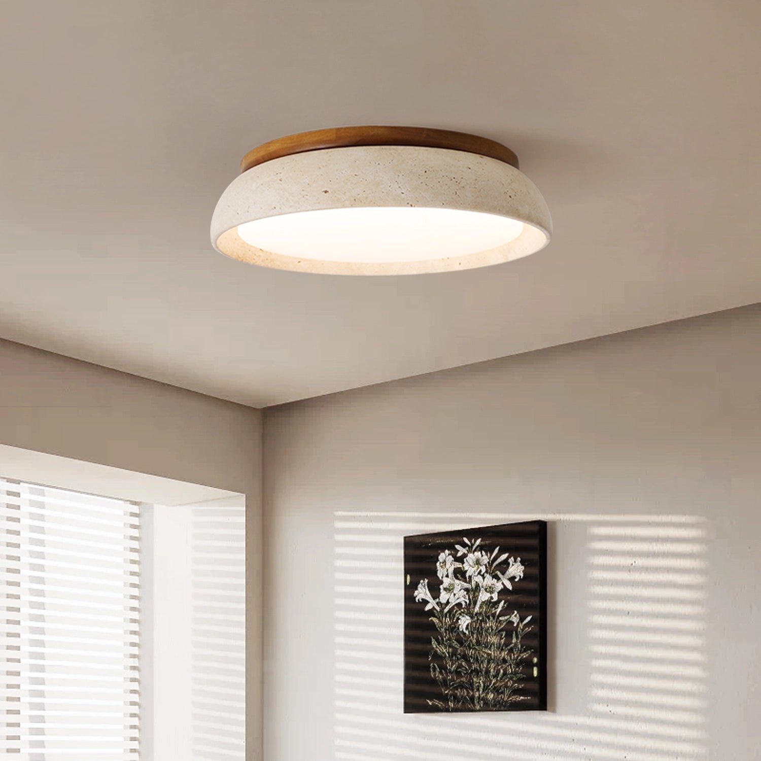 Round Travertine Flush-Mount Ceiling Light with Solid Wood Base