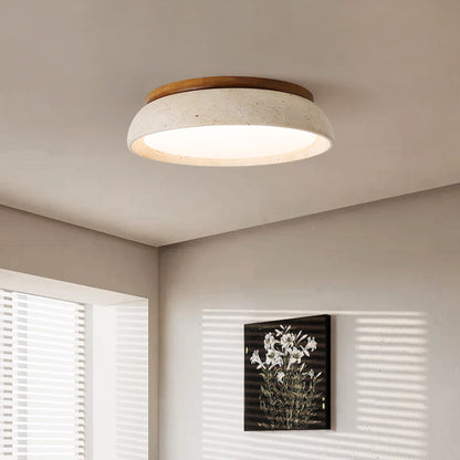 Round Travertine Flush-Mount Ceiling Light with Solid Wood Base