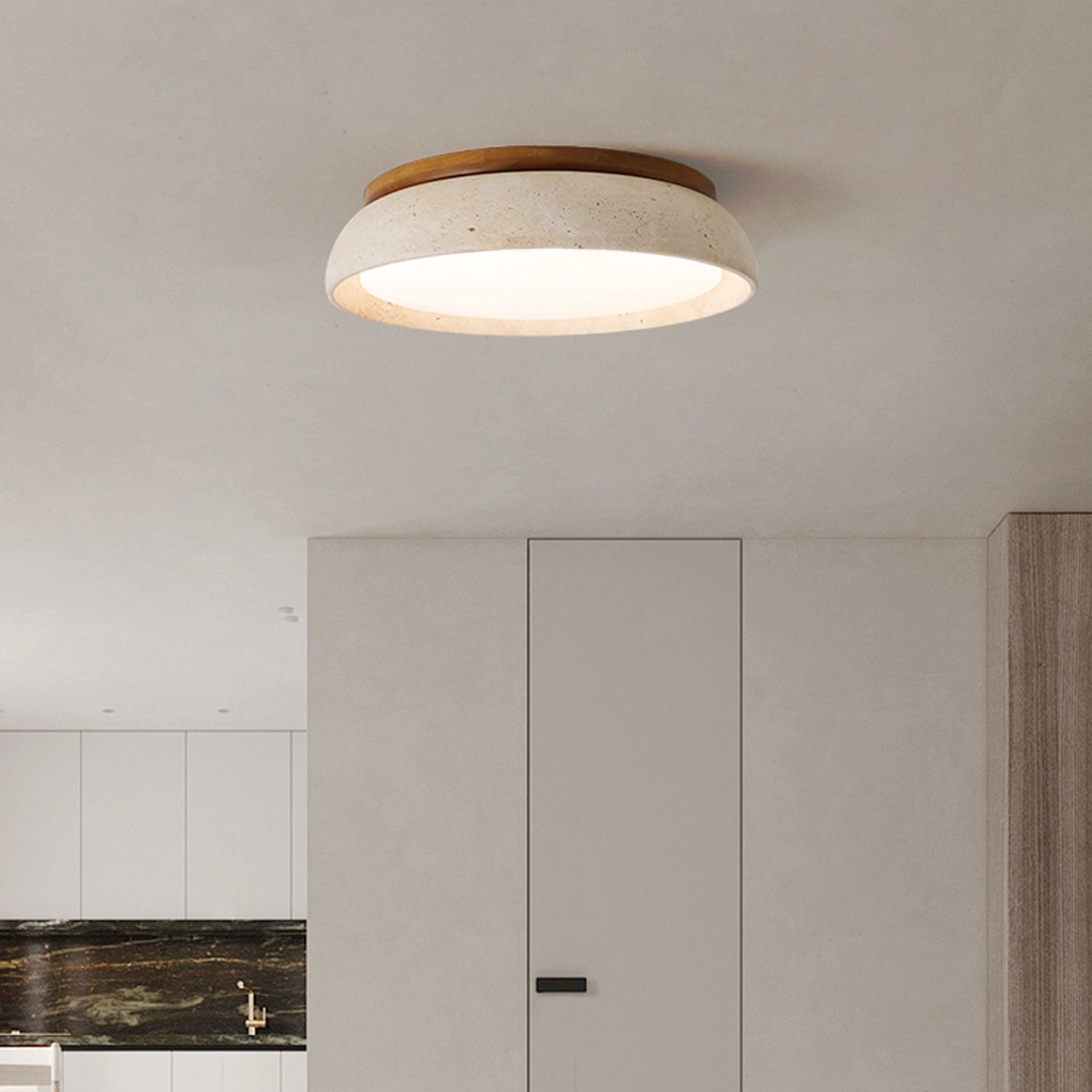 Round Travertine Flush-Mount Ceiling Light with Solid Wood Base