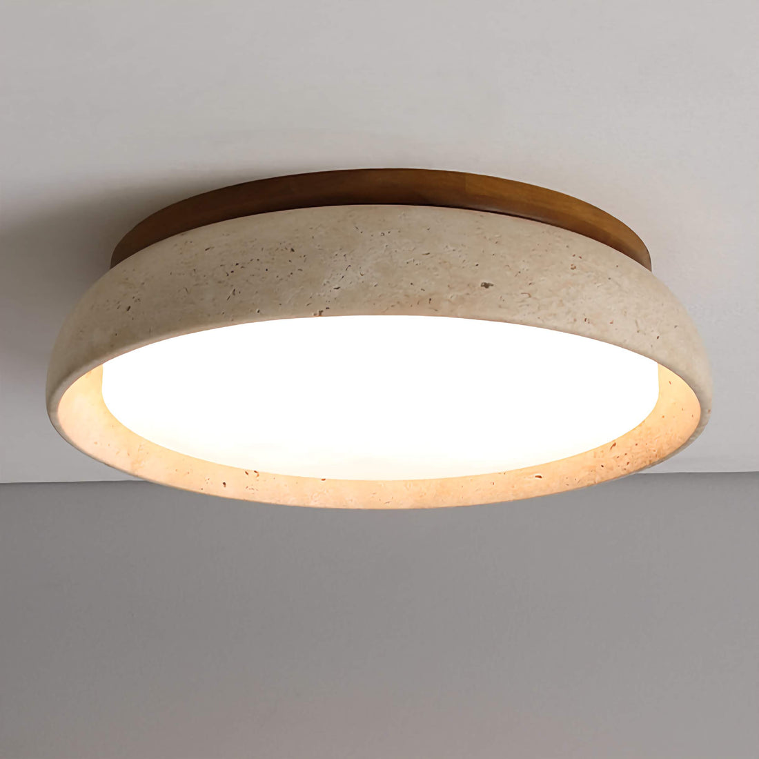 Round Travertine Flush-Mount Ceiling Light with Solid Wood Base