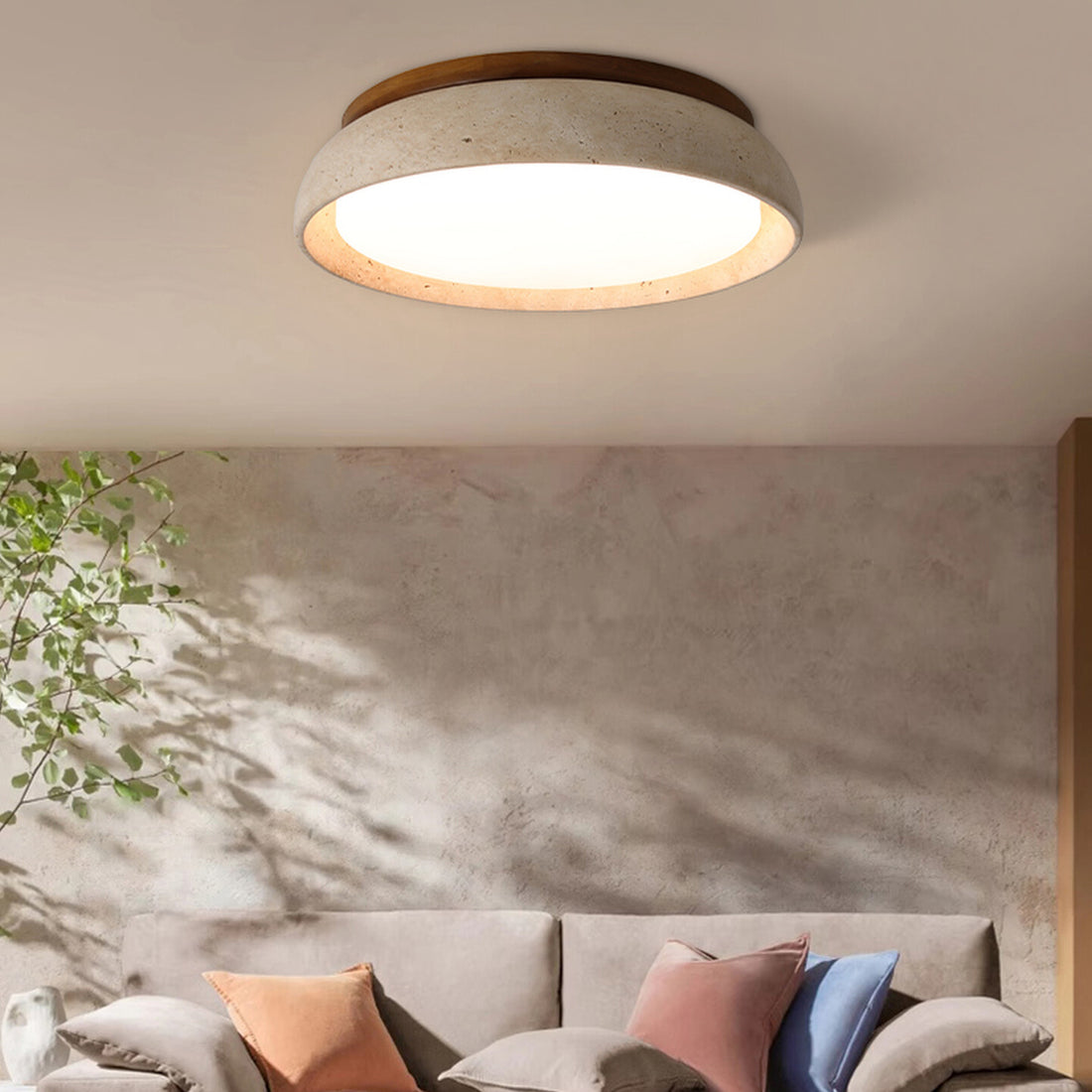 Round Travertine Flush-Mount Ceiling Light with Solid Wood Base