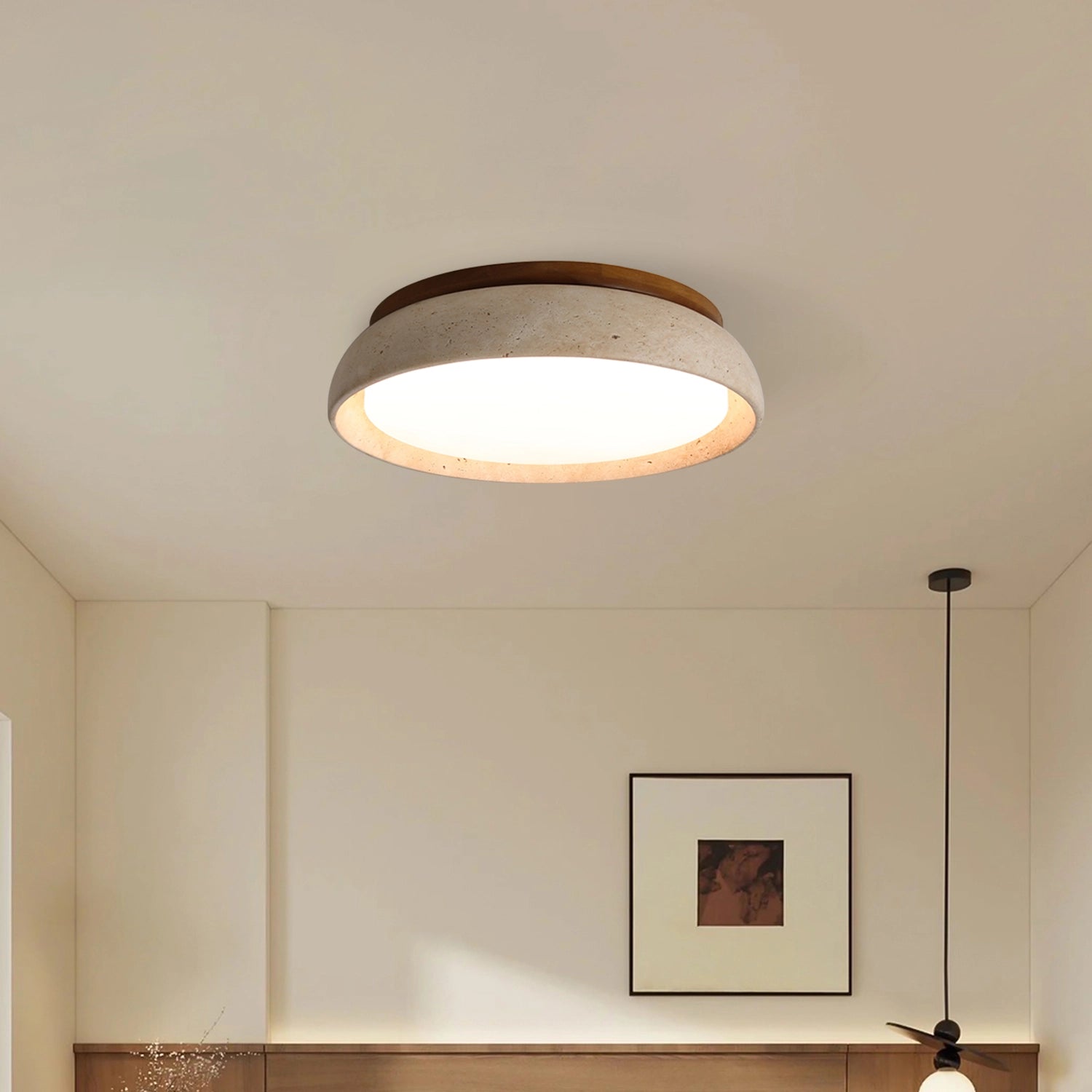 Round Travertine Flush-Mount Ceiling Light with Solid Wood Base