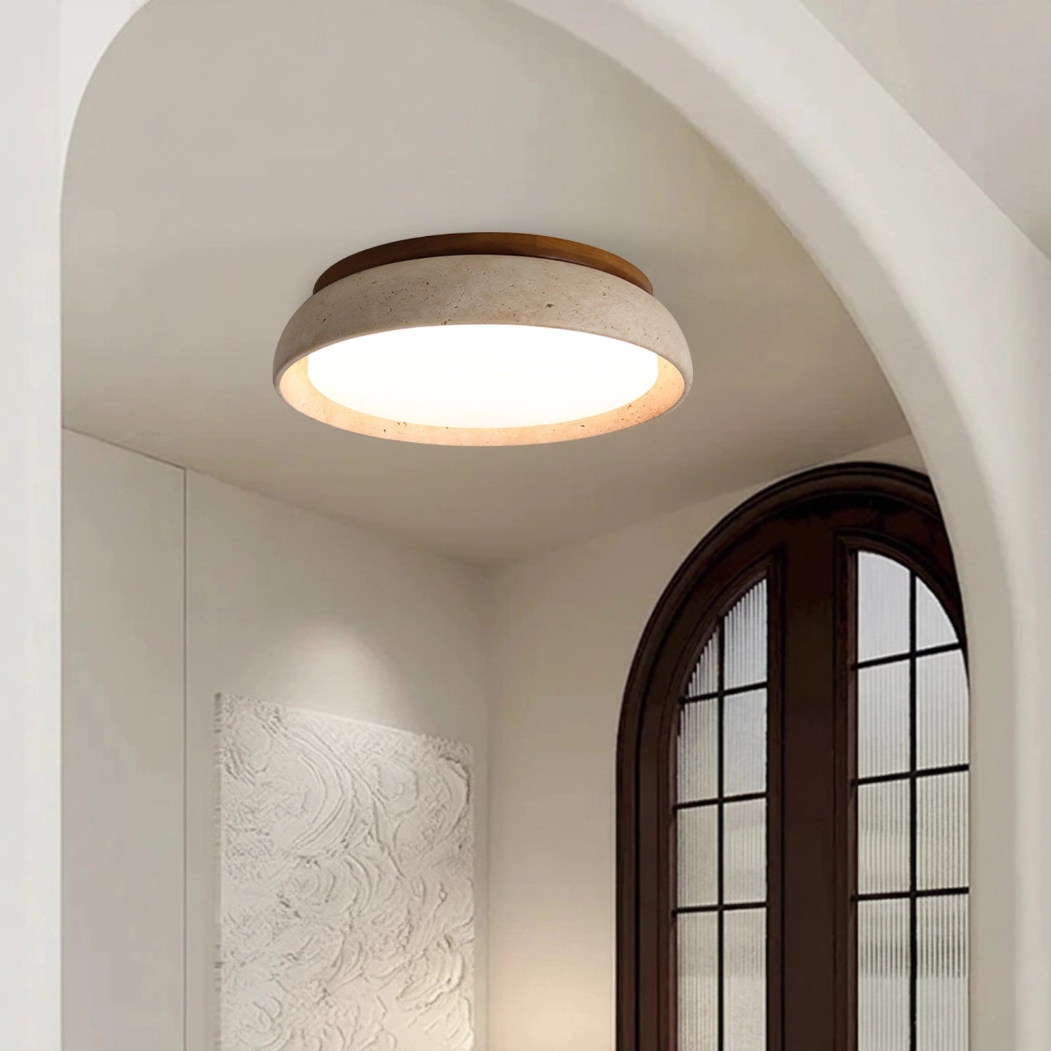 Round Travertine Flush-Mount Ceiling Light with Solid Wood Base