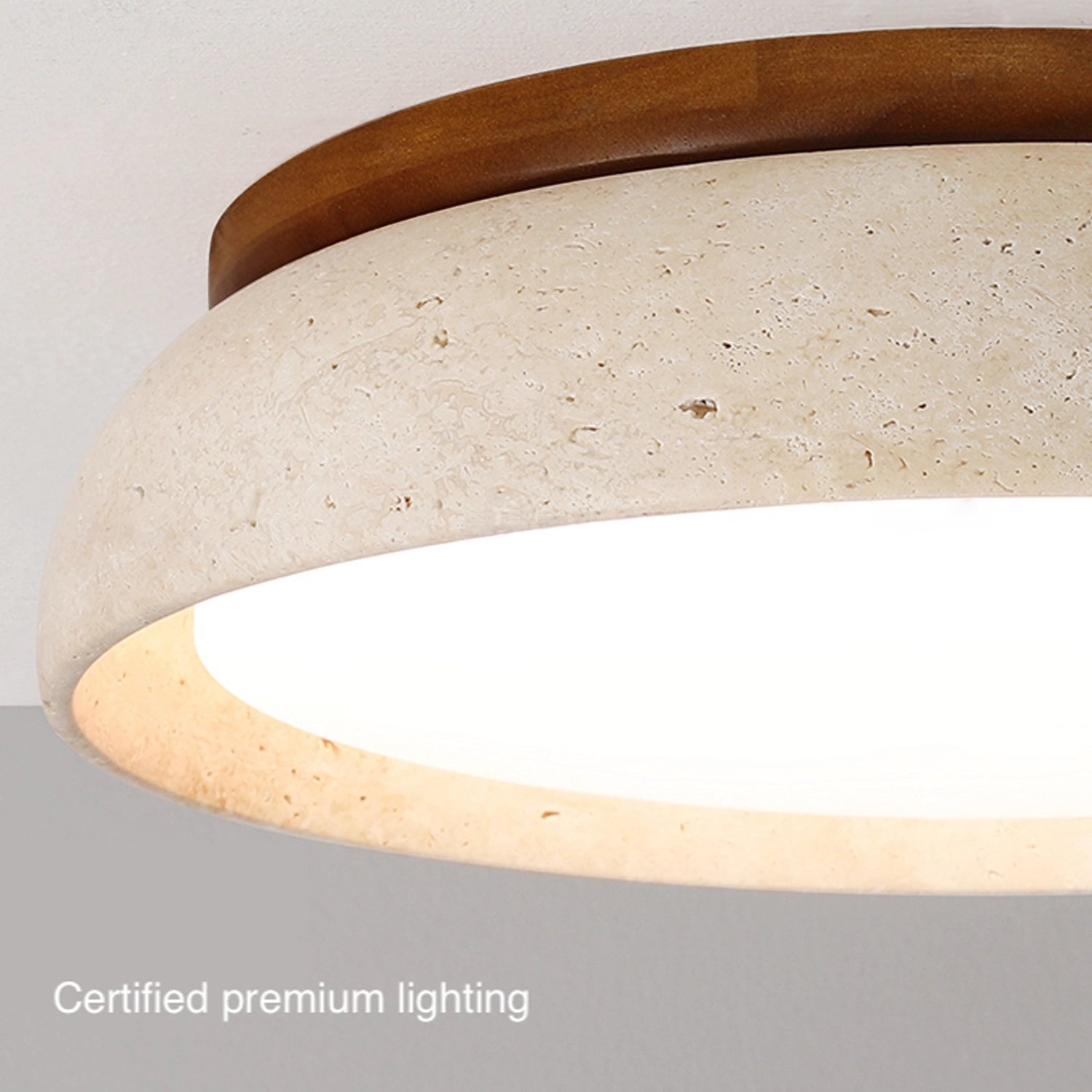 Round Travertine Flush-Mount Ceiling Light with Solid Wood Base