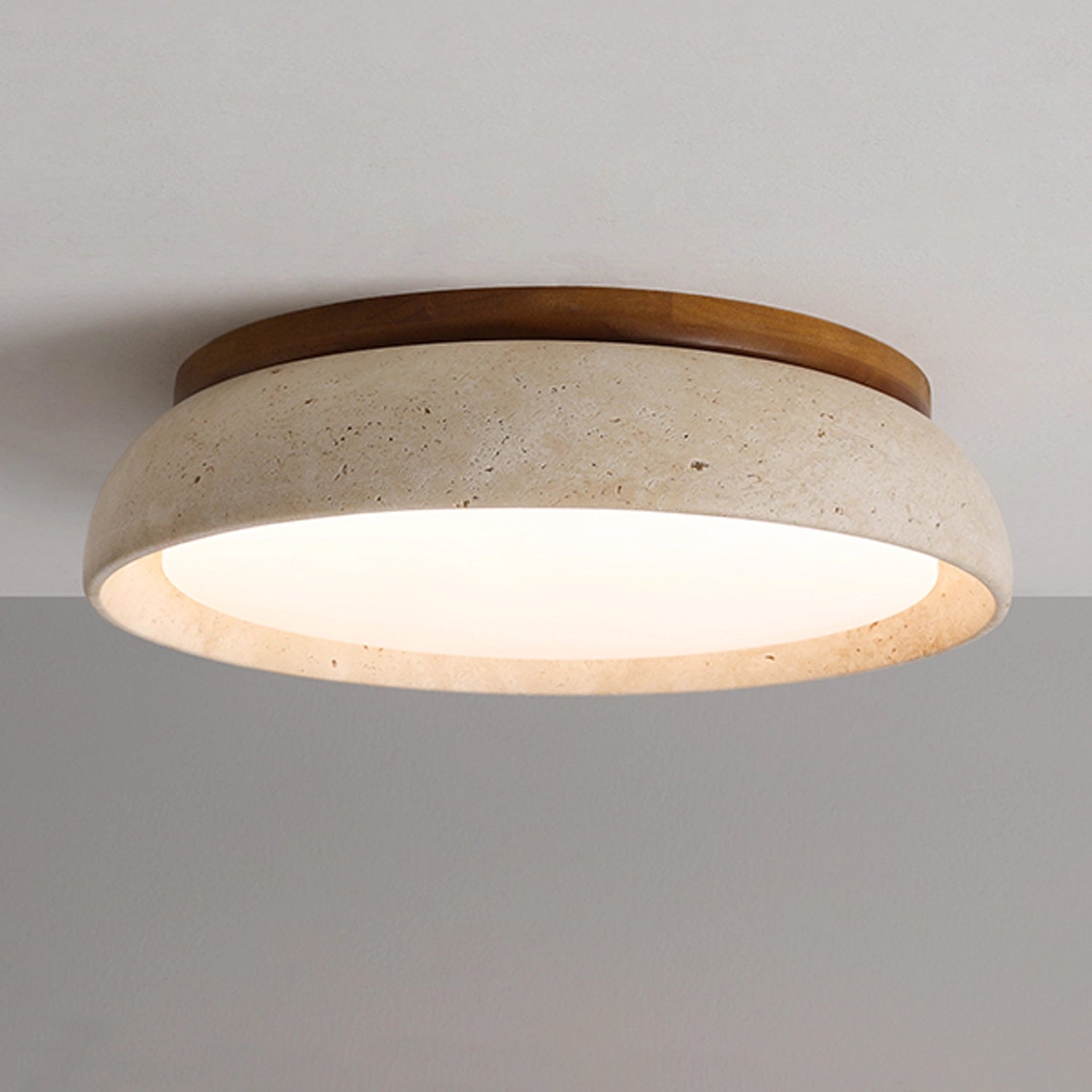 Round Travertine Flush-Mount Ceiling Light with Solid Wood Base