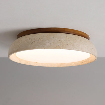 Round Travertine Flush-Mount Ceiling Light with Solid Wood Base