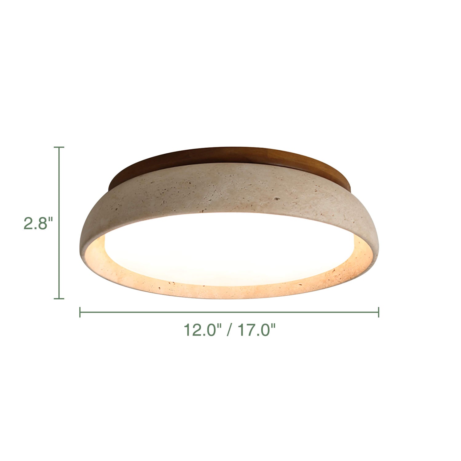 Round Travertine Flush-Mount Ceiling Light with Solid Wood Base