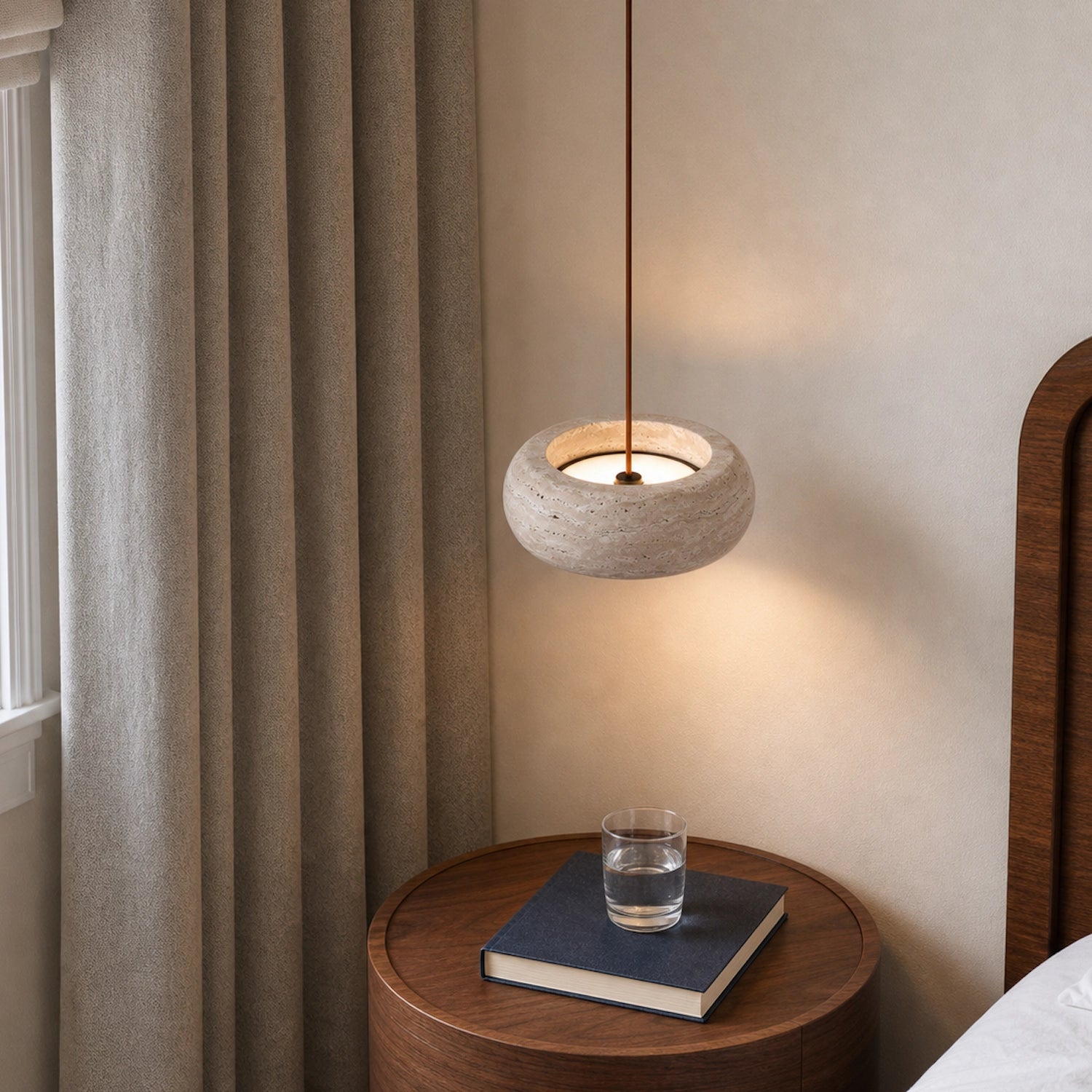 Round Travertine Pendant Light with Natural Stone Shade