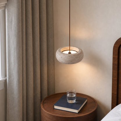 Round Travertine Pendant Light with Natural Stone Shade