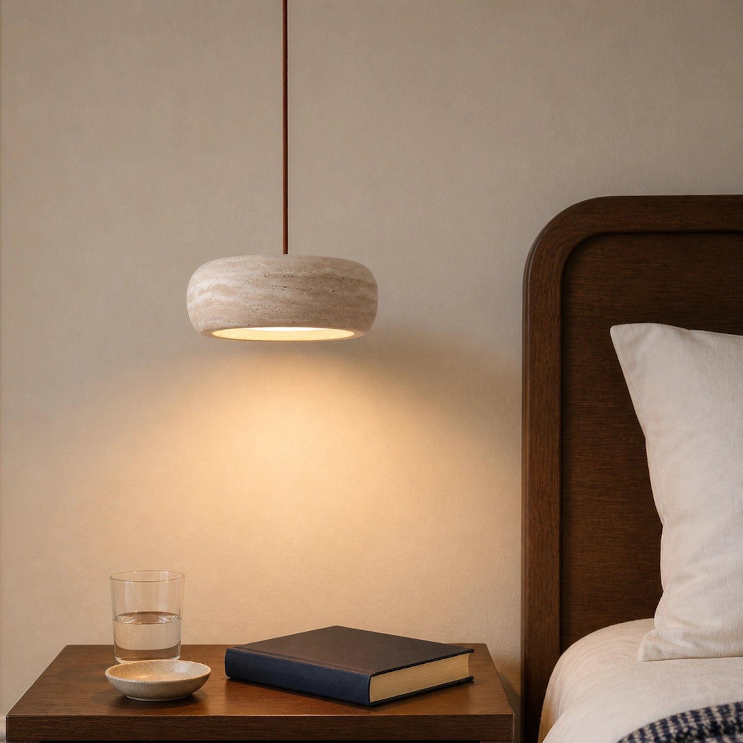 Round Travertine Pendant Light with Natural Stone Shade