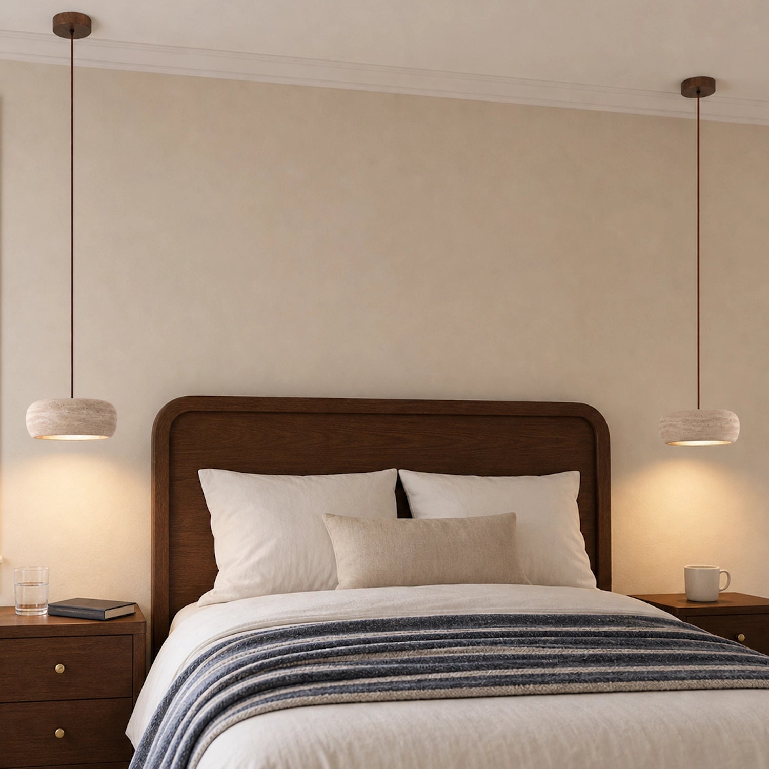 Round Travertine Pendant Light with Natural Stone Shade
