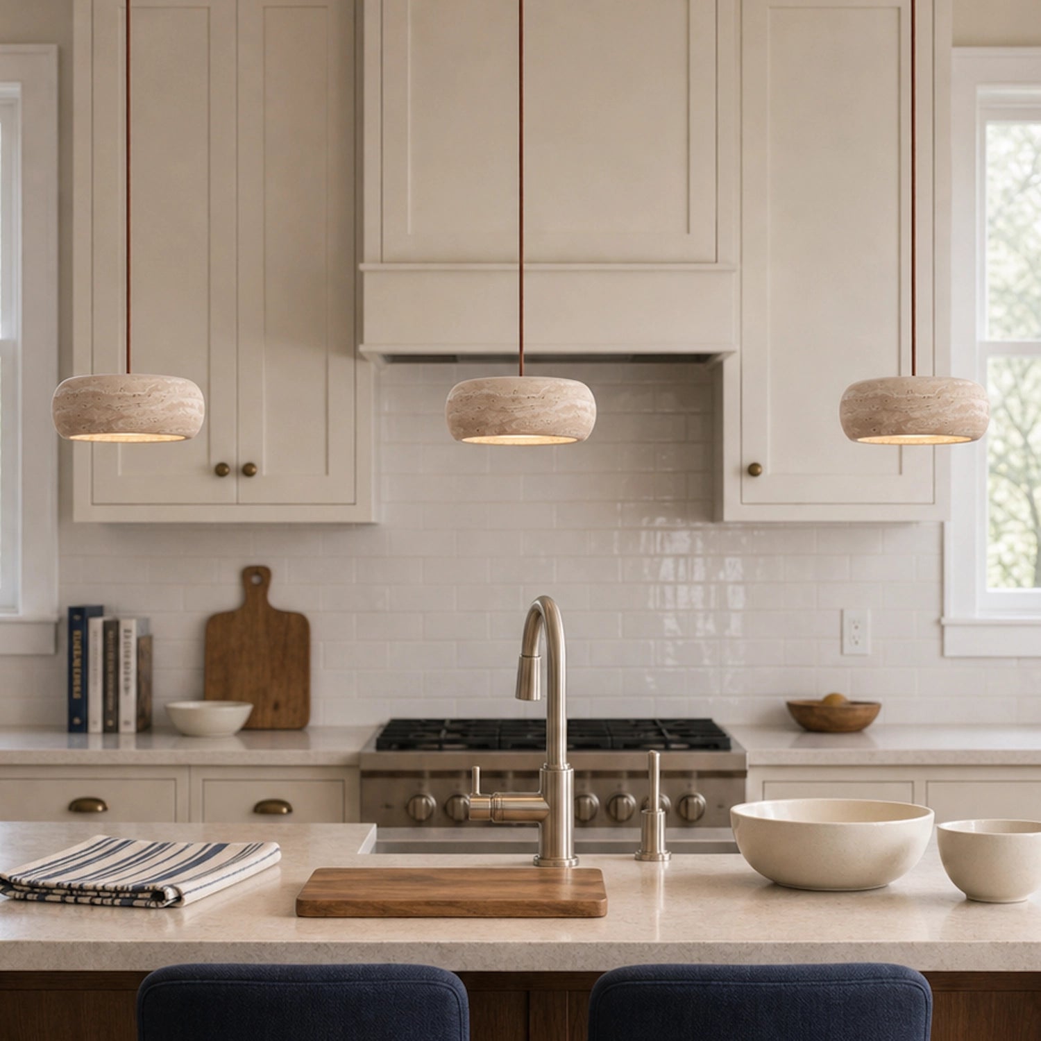 Round Travertine Pendant Light with Natural Stone Shade