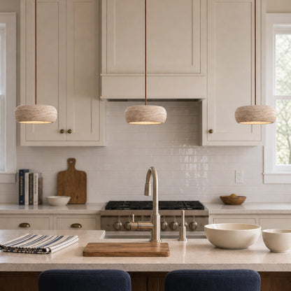 Round Travertine Pendant Light with Natural Stone Shade